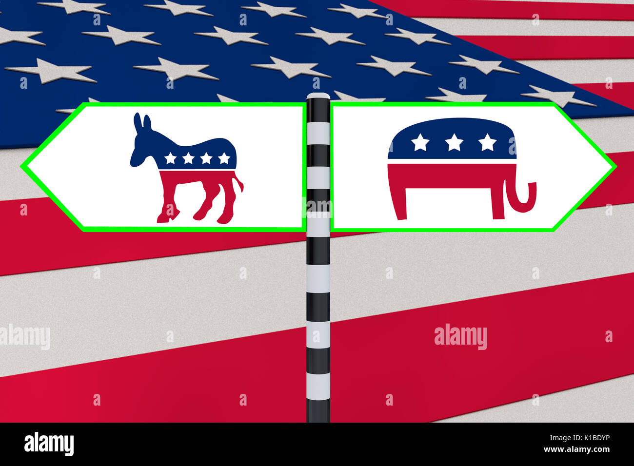 Il rendering di illustrazione di Democrat-Republican icone sul cartello stradale con bandiera Usa come sfondo Foto Stock