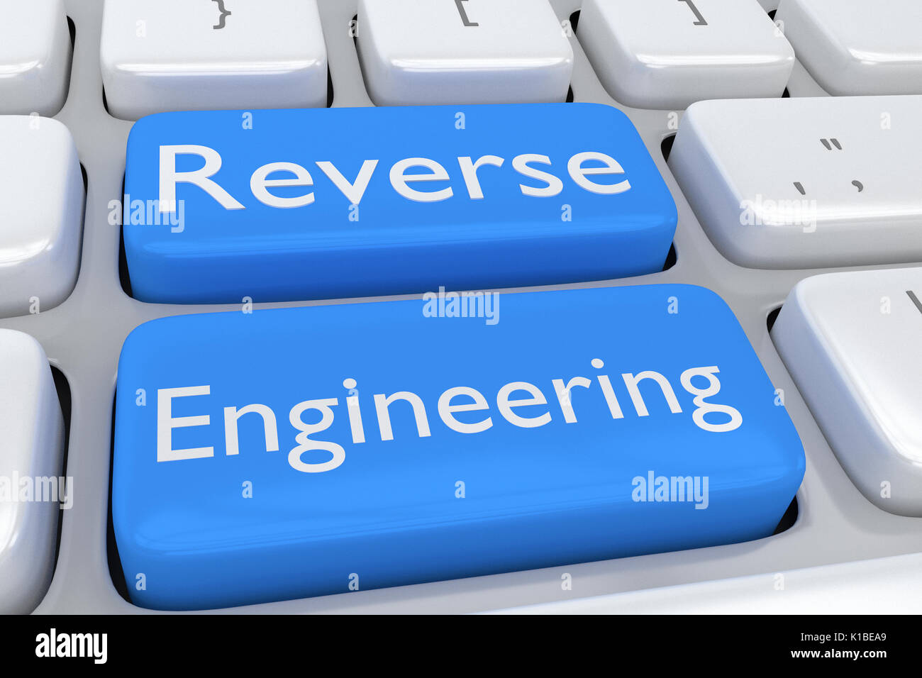 Il rendering di illustrazione della tastiera del computer con la stampa di Reverse Engineering su due pale adiacenti i pulsanti blu Foto Stock