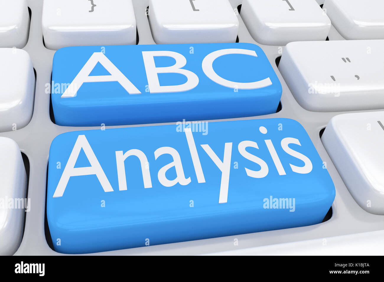 3D illustrazione della tastiera del computer con lo script 'Analisi ABC' su due pale adiacenti i pulsanti blu Foto Stock