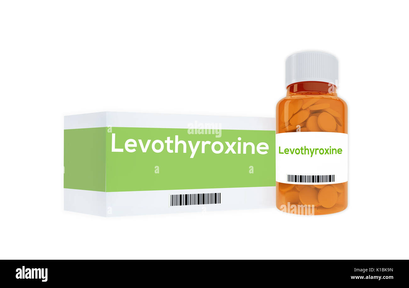 Illustrazione di rendering di levotirossina titolo sulla pillola bottiglia, isolato su bianco. Foto Stock