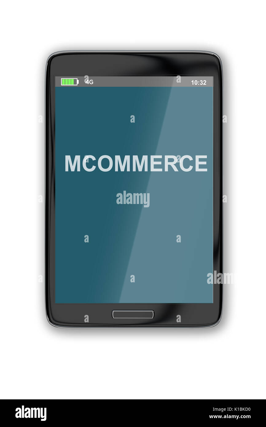 Il rendering di illustrazione di Mcommerce titolo su schermo cellulare, isolato su bianco. Foto Stock