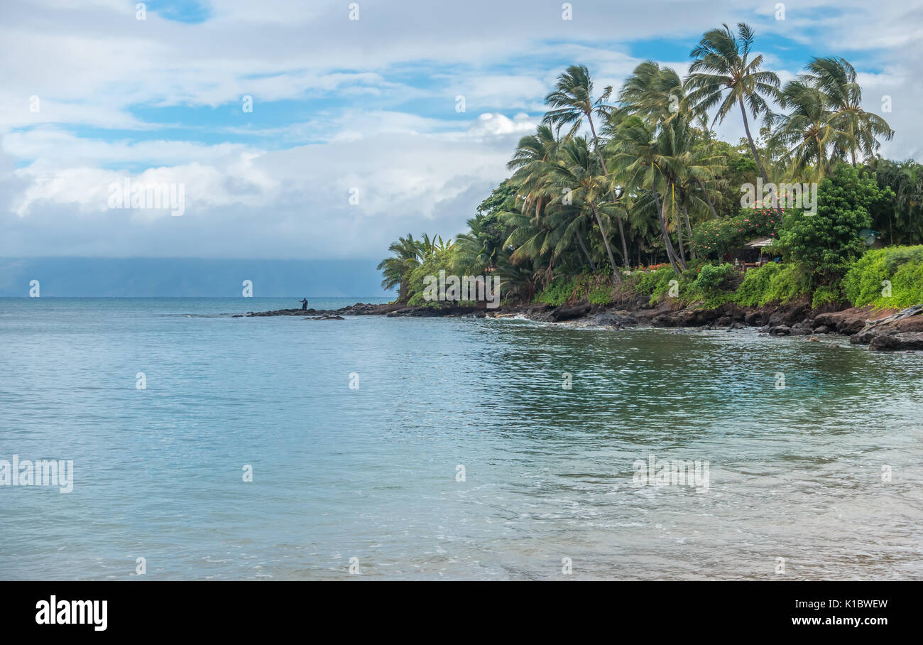 Un pescatore solitario tenta la fortuna su una spiaggia in zona Kahan di Maui, Hawaii. Foto Stock