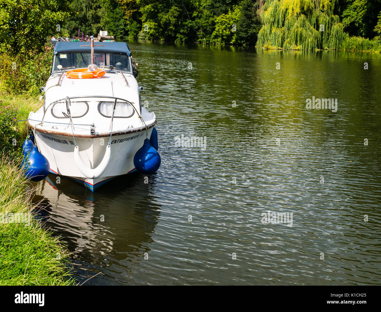 Barca sul Fiume Tamigi, Pangbourne Fiume Prato, Pangbourne-on-Thames, Berkshire, Inghilterra Foto Stock