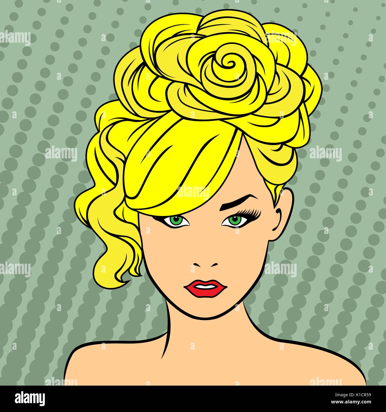Attraente luminosa ragazza bionda con elevato taglio di capelli in stile retrò punti sullo sfondo di colore, immagini vettoriali Illustrazione Vettoriale