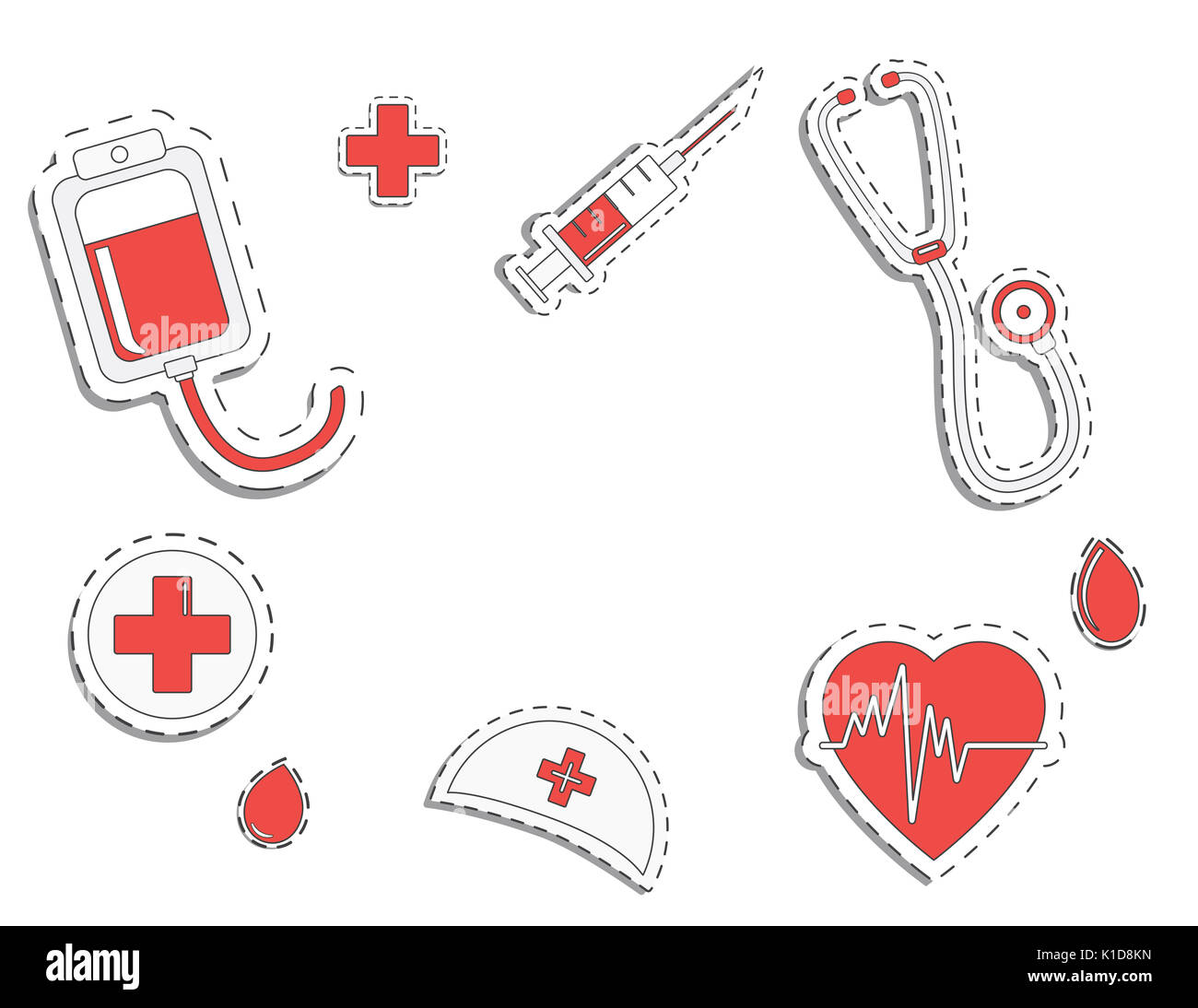 Il concetto di medicina. donare il sangue e salvare la vita. Donazione dare amore. ullustration di adesivi. Pack di icone per il design. Mondiale del donatore di sangue al giorno. Ristorante Foto Stock