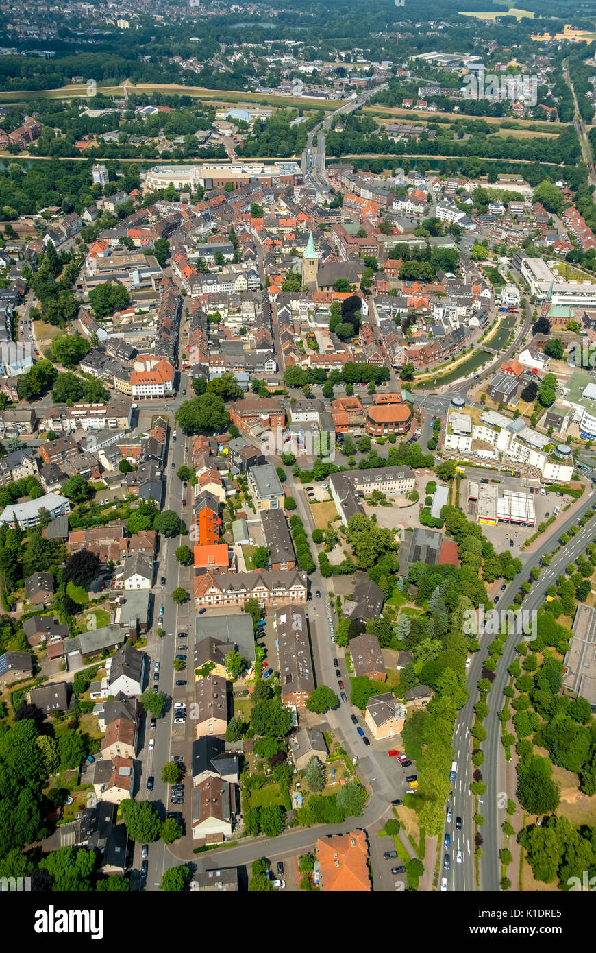 Dorsten centro città con Westgraben e Südgraben, la piazza del mercato di Sant'Agata chiesa, vecchio municipio, Dorsten, la zona della Ruhr Foto Stock