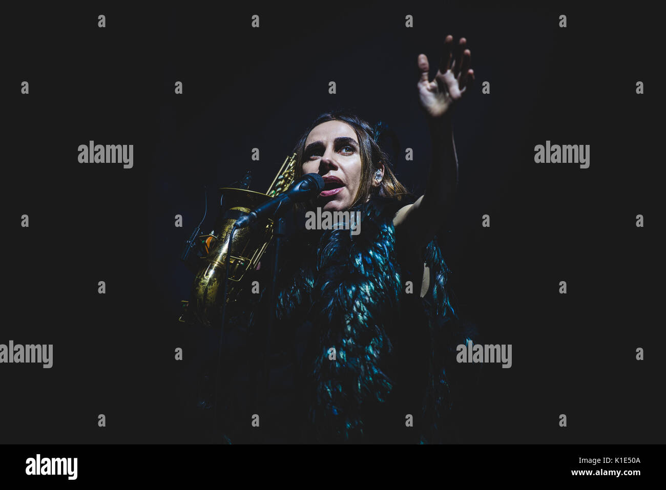 Torino, Italia. 25 Ago, 2017: PJ Harvey performance dal vivo sul palco del Festival di oggi a Torino Credito: Alessandro Bosio/Alamy Live News Foto Stock