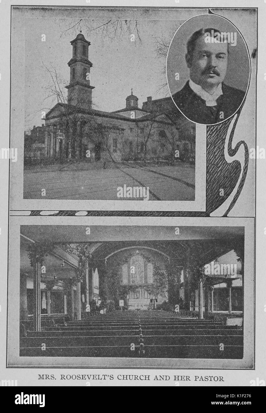 Pagina con un esterno e interno di immagine della grazia Chiesa riformata e in un ovale in alto a sinistra il ritratto del suo Pastore, il reverendo dottor JM Schick, Washington DC, 1901. Foto Stock