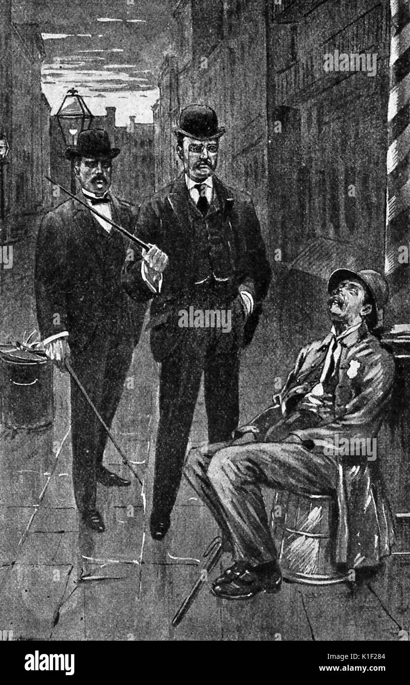 Disegno raffigurante una ispezione di notte dal commissario di polizia Theodore Roosevelt e riformista sociale Jacob Riis per trovare delinquente patrolmen, New York New York, 1895. Foto Stock