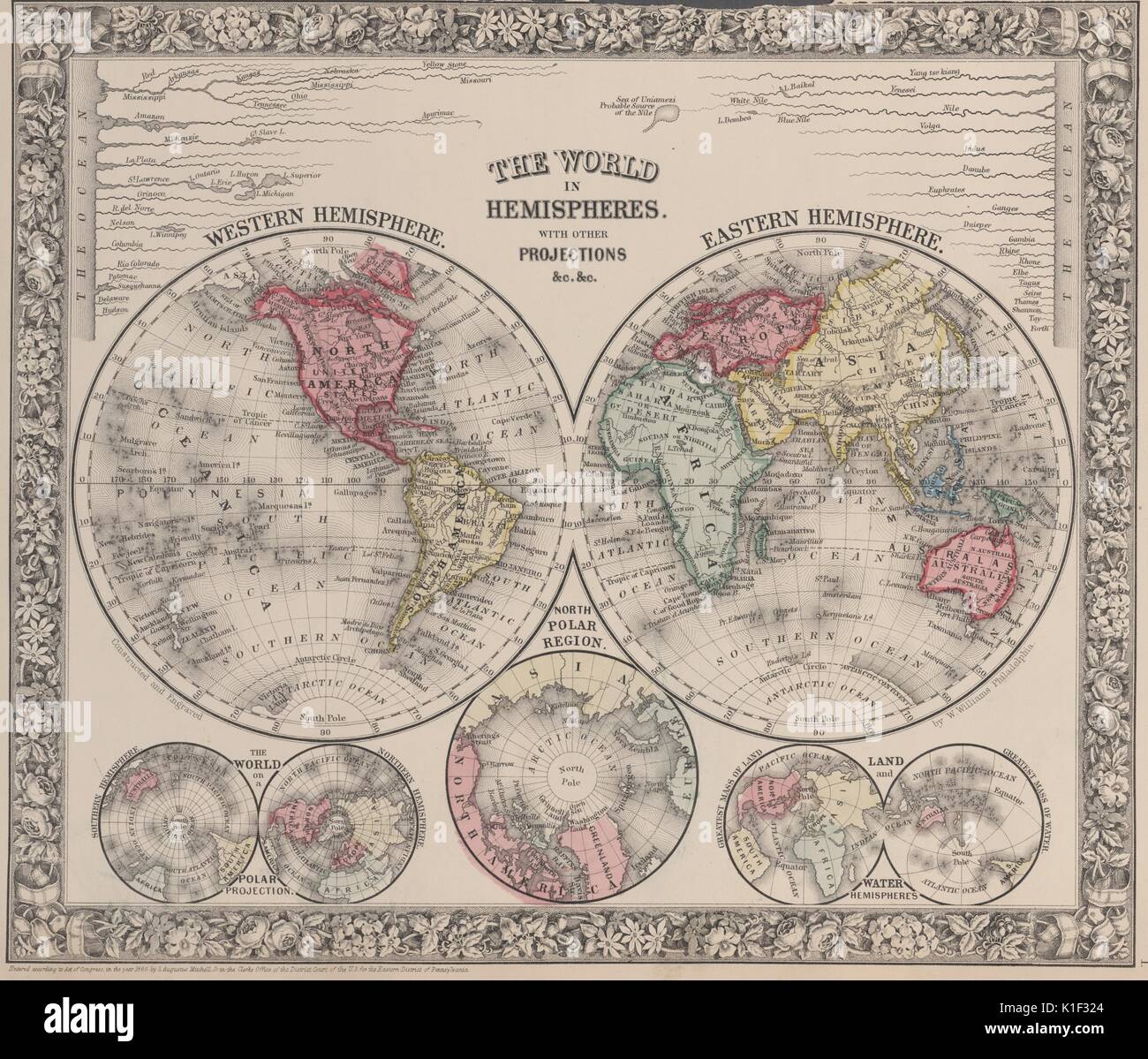 Mappa del mondo in due emisferi, con altre proiezioni inclusa, 1900. Dalla Biblioteca Pubblica di New York. Foto Stock