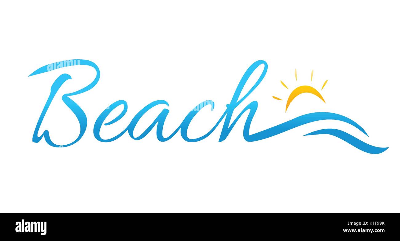 Parola di spiaggia con le onde e il sole, spiaggia logo design illustrazione, isolato su sfondo bianco. Illustrazione Vettoriale