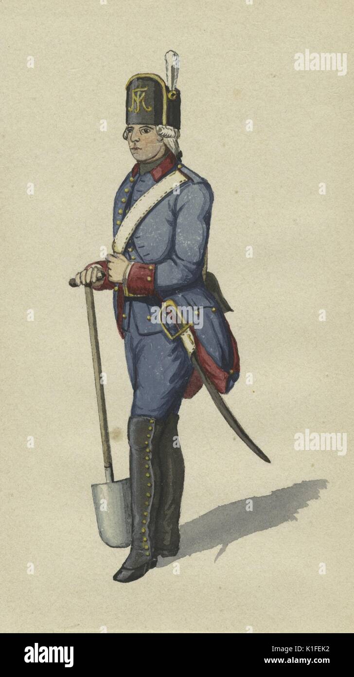 Litografia a colori raffigurante un soldato francese tenendo una pala, intitolato Mineur Corps, 1758. Dalla Biblioteca Pubblica di New York. Foto Stock