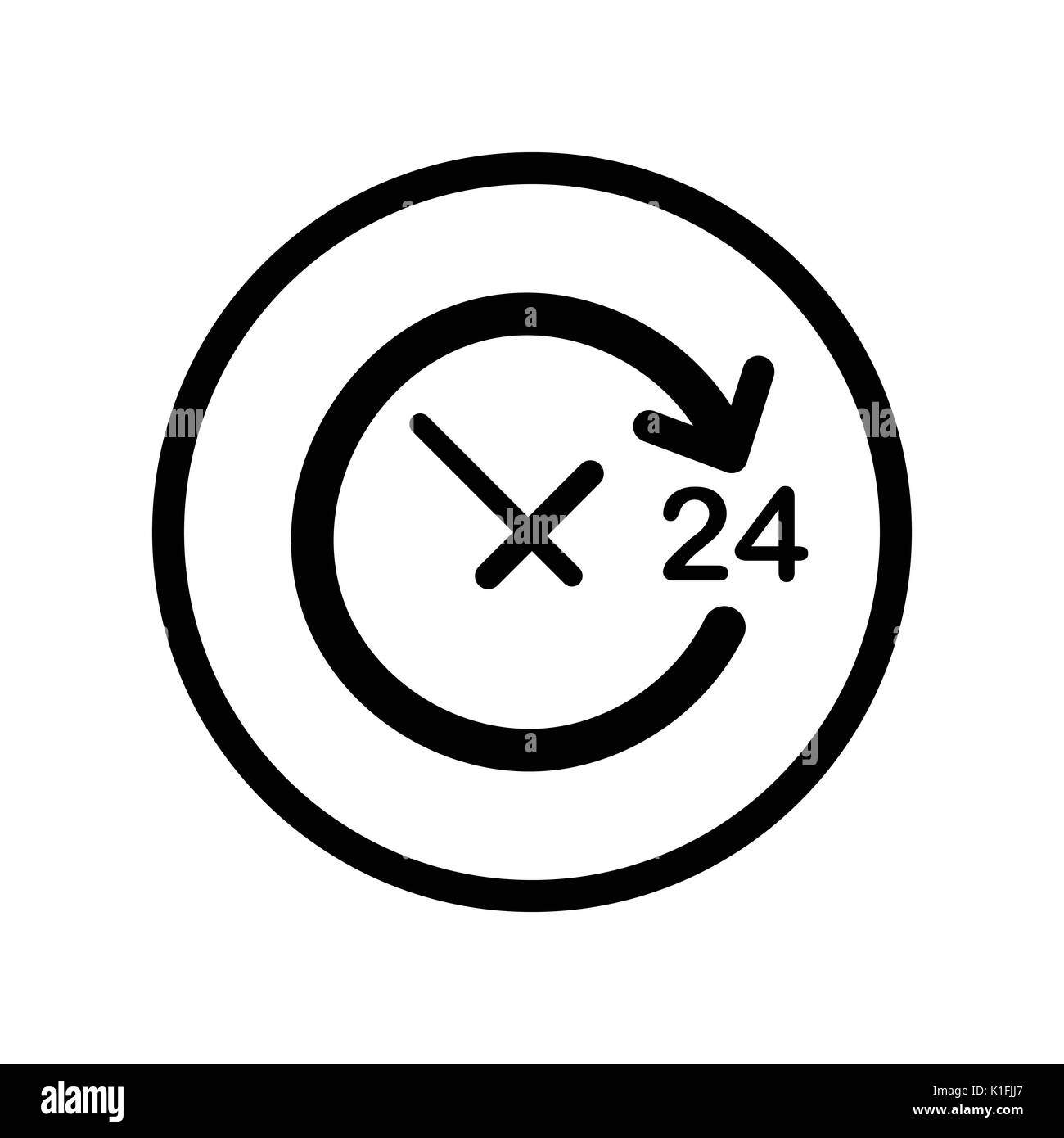 Aperta tutto il giorno un giorno icona con testo; 24, simbolo iconico all'interno di un cerchio sulla trasparenza griglia. Vettore design iconico. Illustrazione Vettoriale