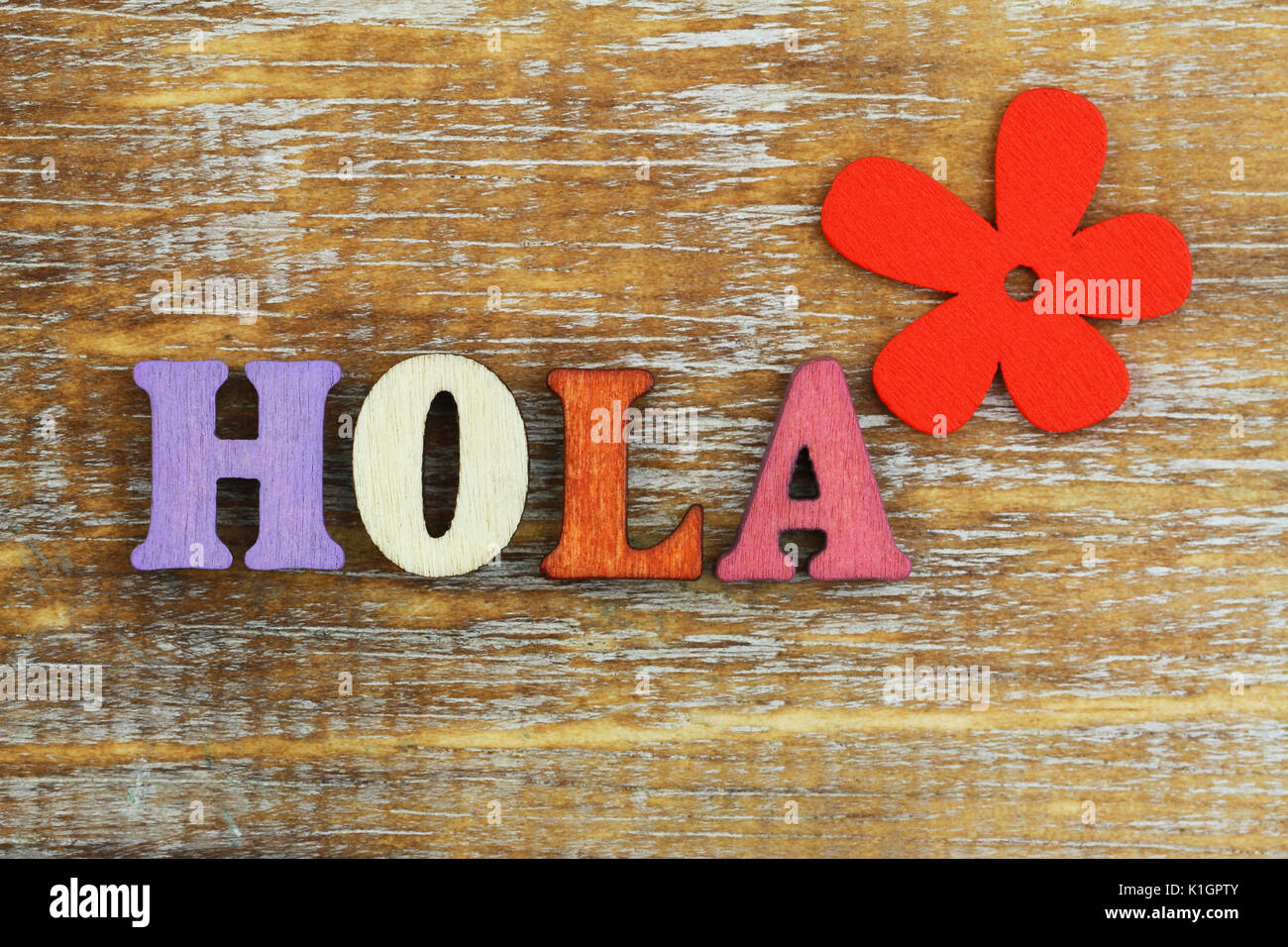 Hola (che significa ciao in spagnolo) scritto con colorate lettere in legno e fiore rosso Foto Stock