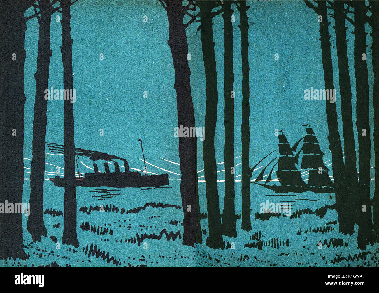 1920 libro illustrato endpapers mostrante la transizione formano le navi a vela alle moderne navi oceaniche . Illustrazione di transizione tra Liberty e Art Deco. Dalla versione spagnola di Robinson Crusoe da Gaziel - Artwork da Serra Masana. Foto Stock