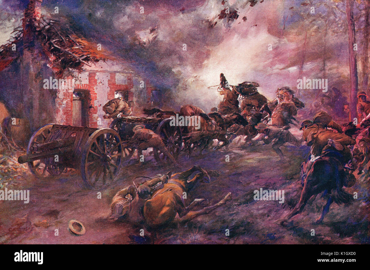 Artiglieria britannica in azione sotto il fuoco, WW1 Foto Stock