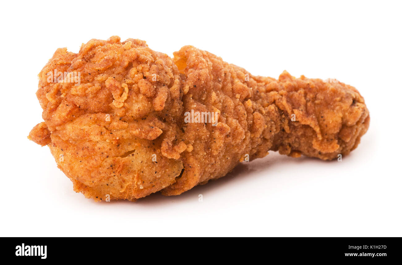 Panato croccante fritto di pollo gamba isolata su uno sfondo bianco Foto Stock