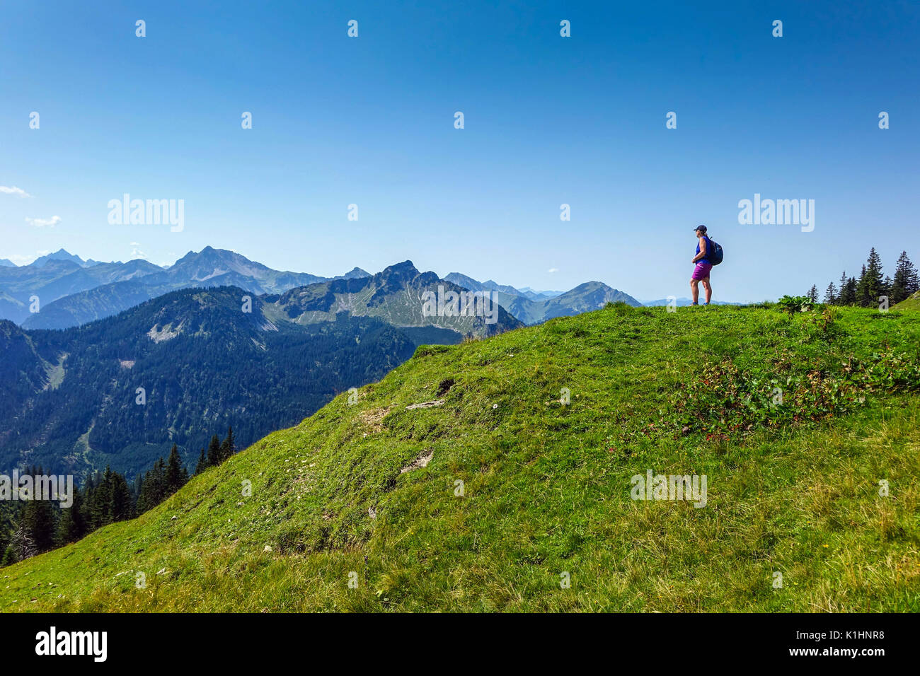 Femmina escursionista walker con zaino in spalla al di sopra di Pfronten, Germania Foto Stock