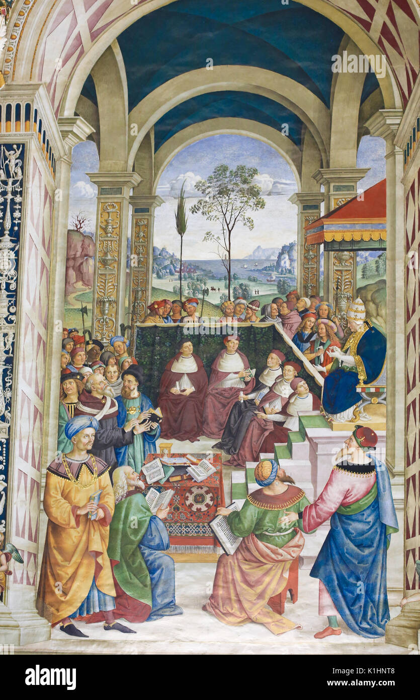 Affreschi (1502) nella Libreria Piccolomini nel Duomo di Siena, Toscana, Italia, del Pinturicchio raffigurante Papa Pio II per la convocazione del Consiglio di Mantova a p Foto Stock