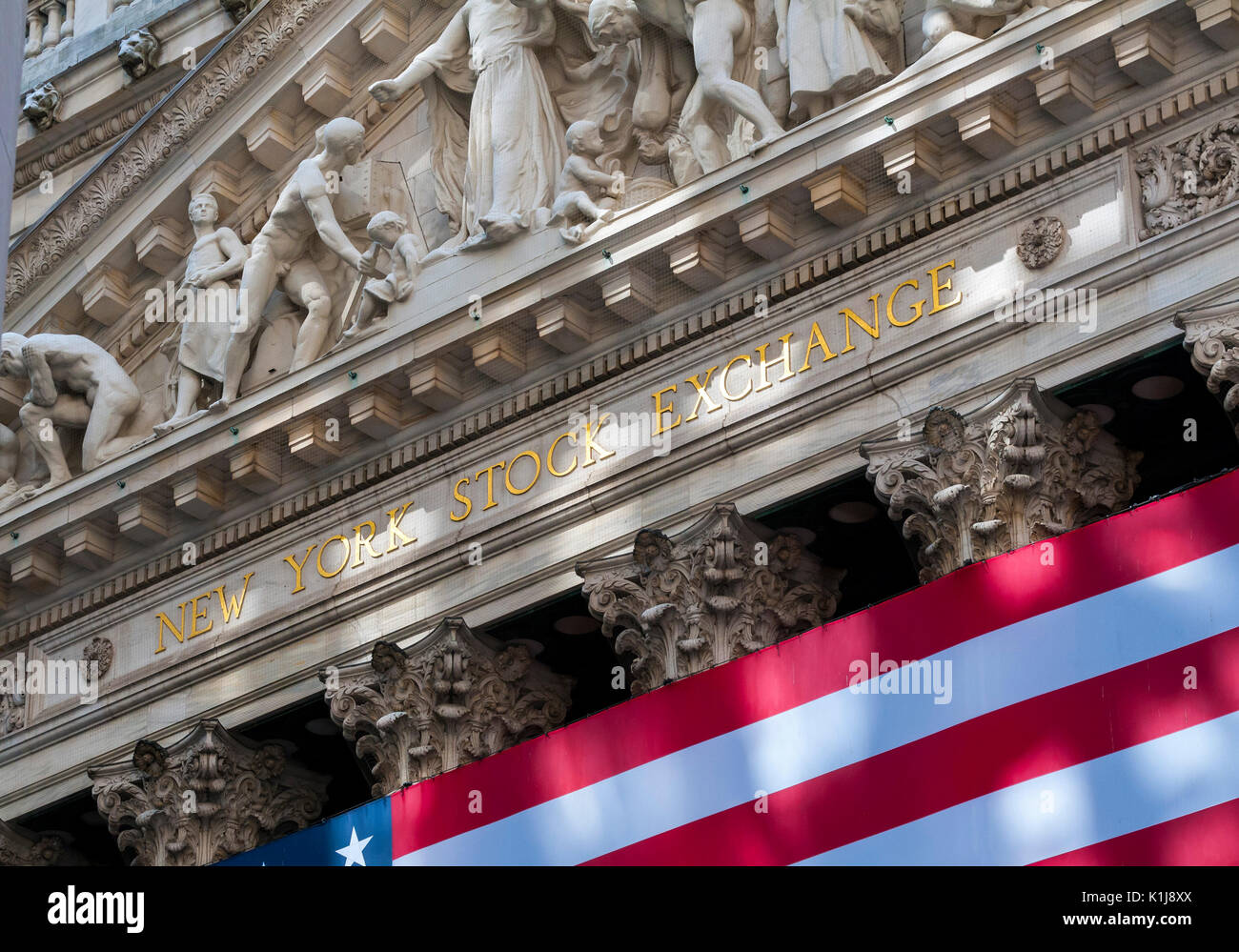 La parte anteriore del New York Stock Exchange Building, Wall Street, New York Foto Stock