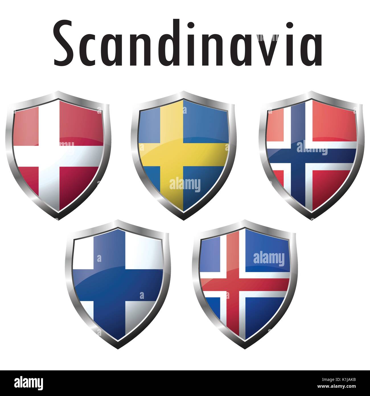Paesi nordici bandiere icone su sfondo bianco. Correggere lo schema dei colori. Illustrazione Vettoriale Illustrazione Vettoriale