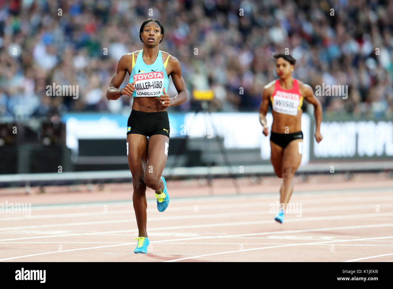 Shaunae MILLER-UIBO (Bahamas) competere nel femminile 200m 4 di calore al 2017, IAAF Campionati del Mondo, Queen Elizabeth Olympic Park, Stratford, Londra, Regno Unito. Foto Stock