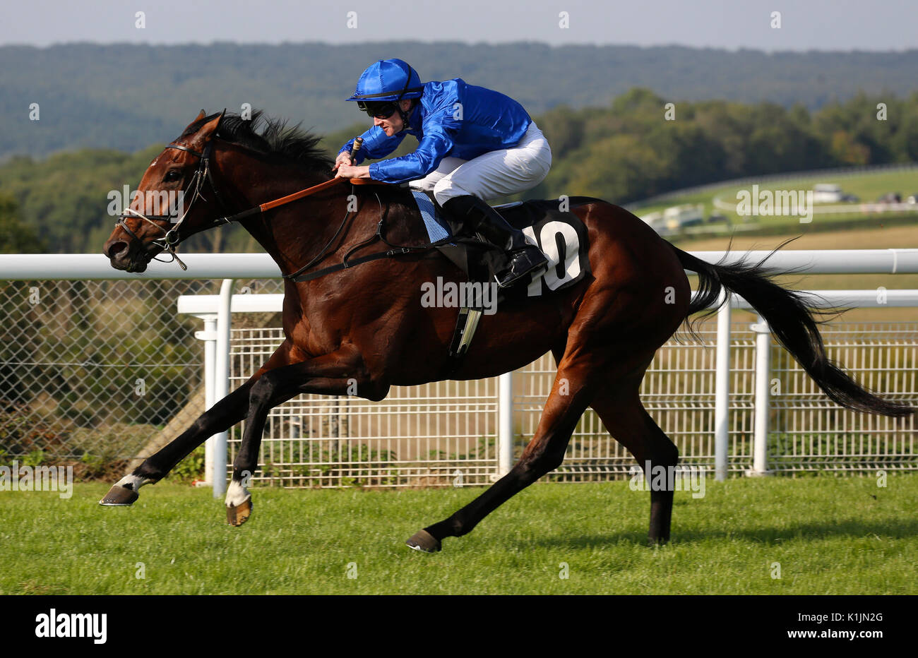 Il Cacciatore di montagna cavalcato da William Carson vince il Whiteley clinica picchetti di Handicap gara corsa a Goodwood Racecourse, Chicester. Foto Stock