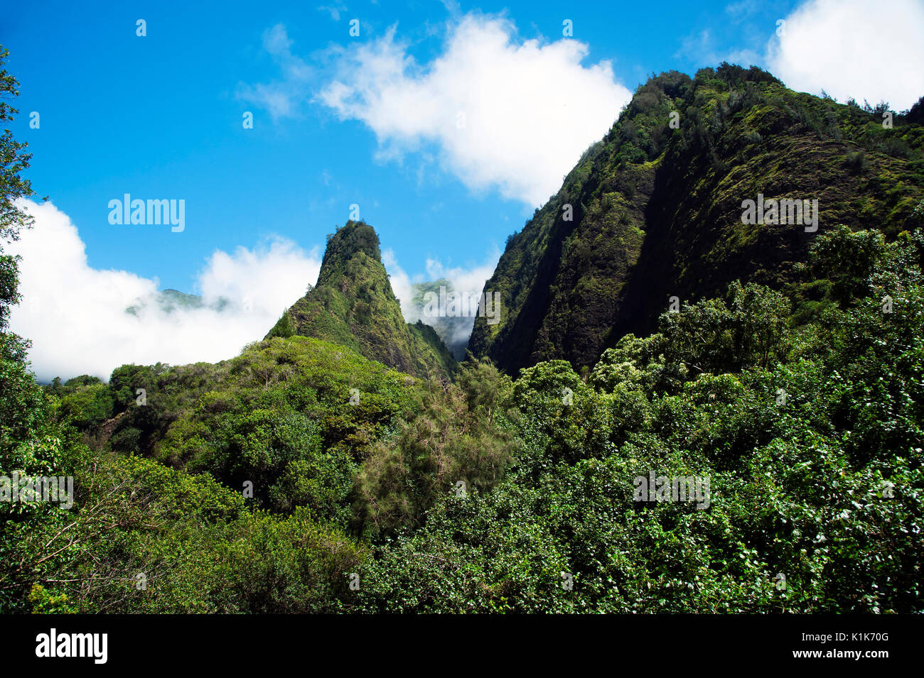 Montagne di West Maui salire al di sopra di Iao Valley, in Maui, una delle isole Hawiian. Foto Stock