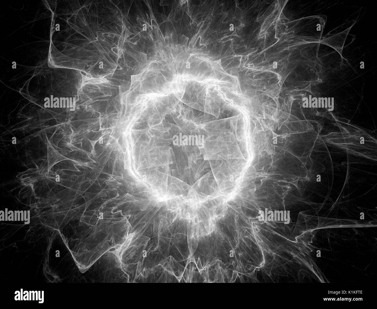 Incandescente la forma rotonda del campo di energia la texture in bianco e nero, generato dal computer sfondo astratto, rendering 3D Foto Stock