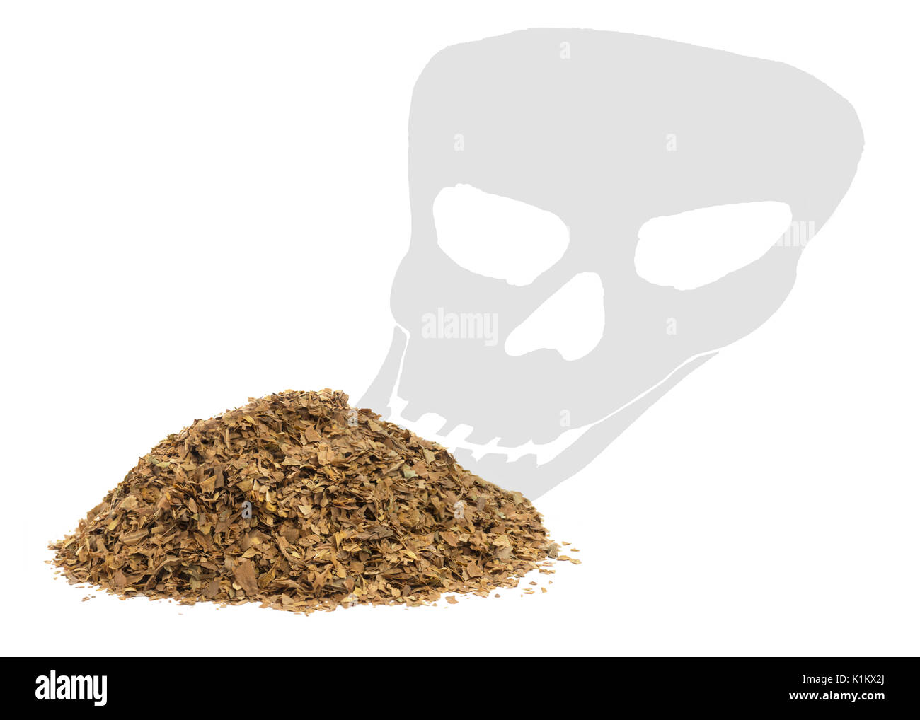 Concetto di il fumo uccide in un avvertimento per la salute che mostra non lavorati a secco di foglie di tabacco con un teschio di morte ombra su uno sfondo bianco Foto Stock
