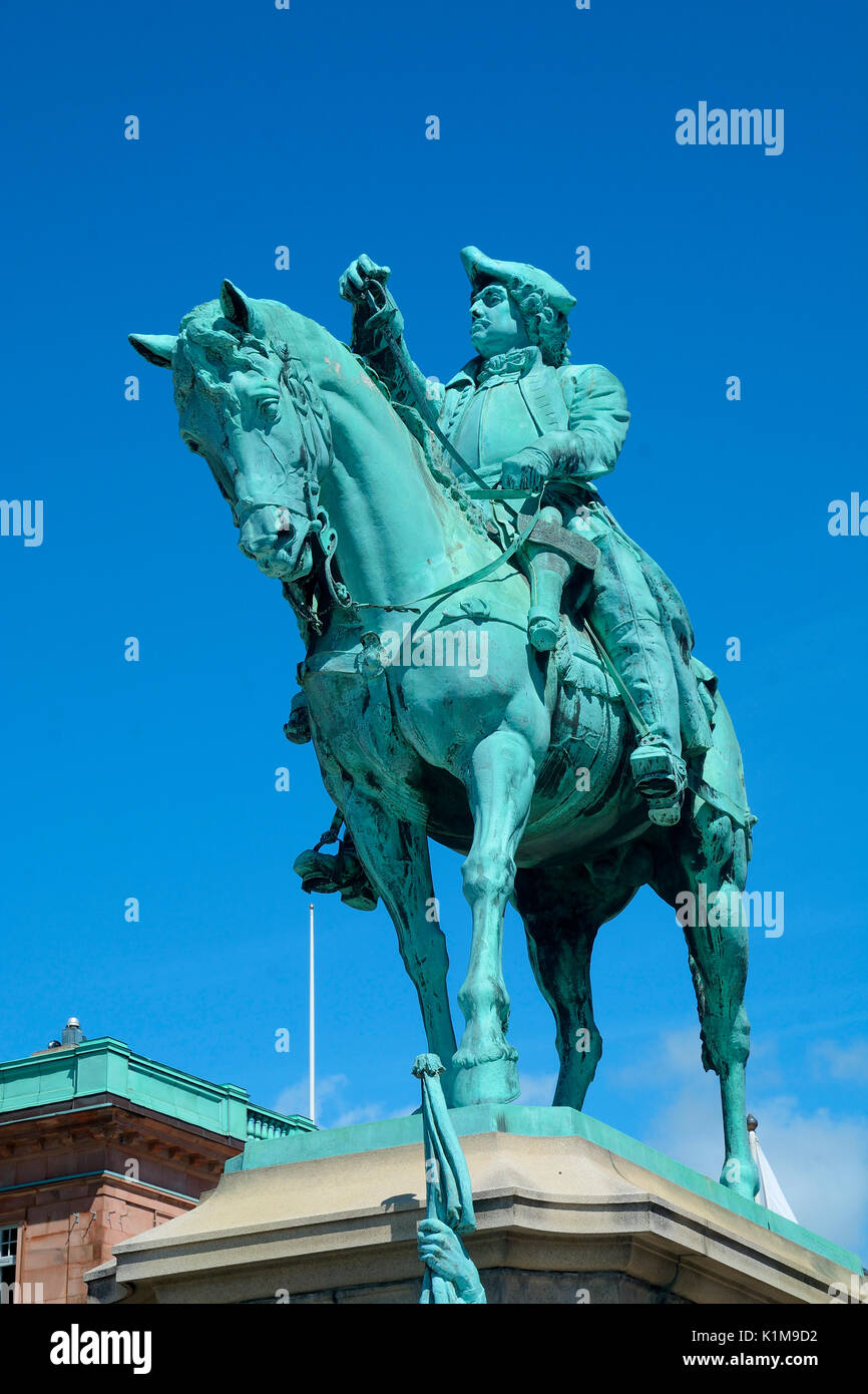 Statua di militari svedesi eroe Magnus Stenbock, Helsingborg, Scania in Svezia Foto Stock