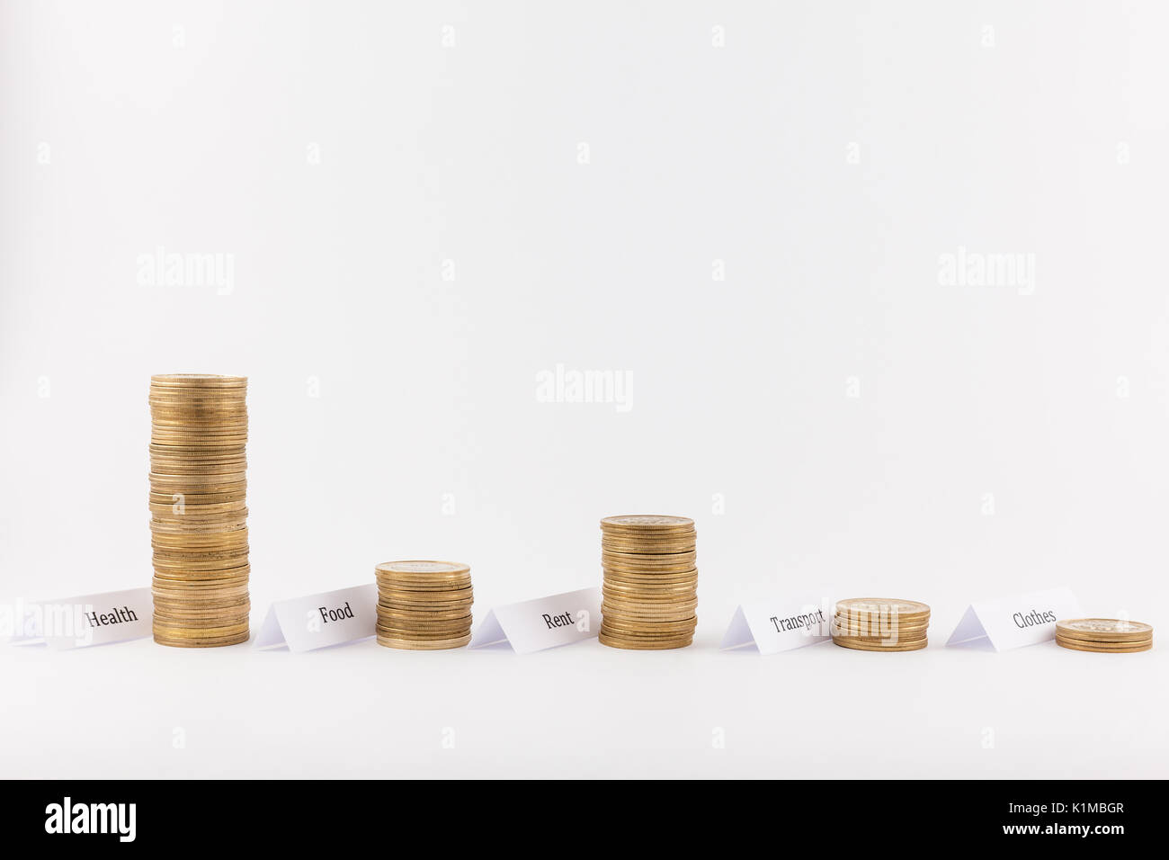 Spese di grandi dimensioni sulla salute. Pile di monete isolato in uno sfondo bianco con etichette Foto Stock