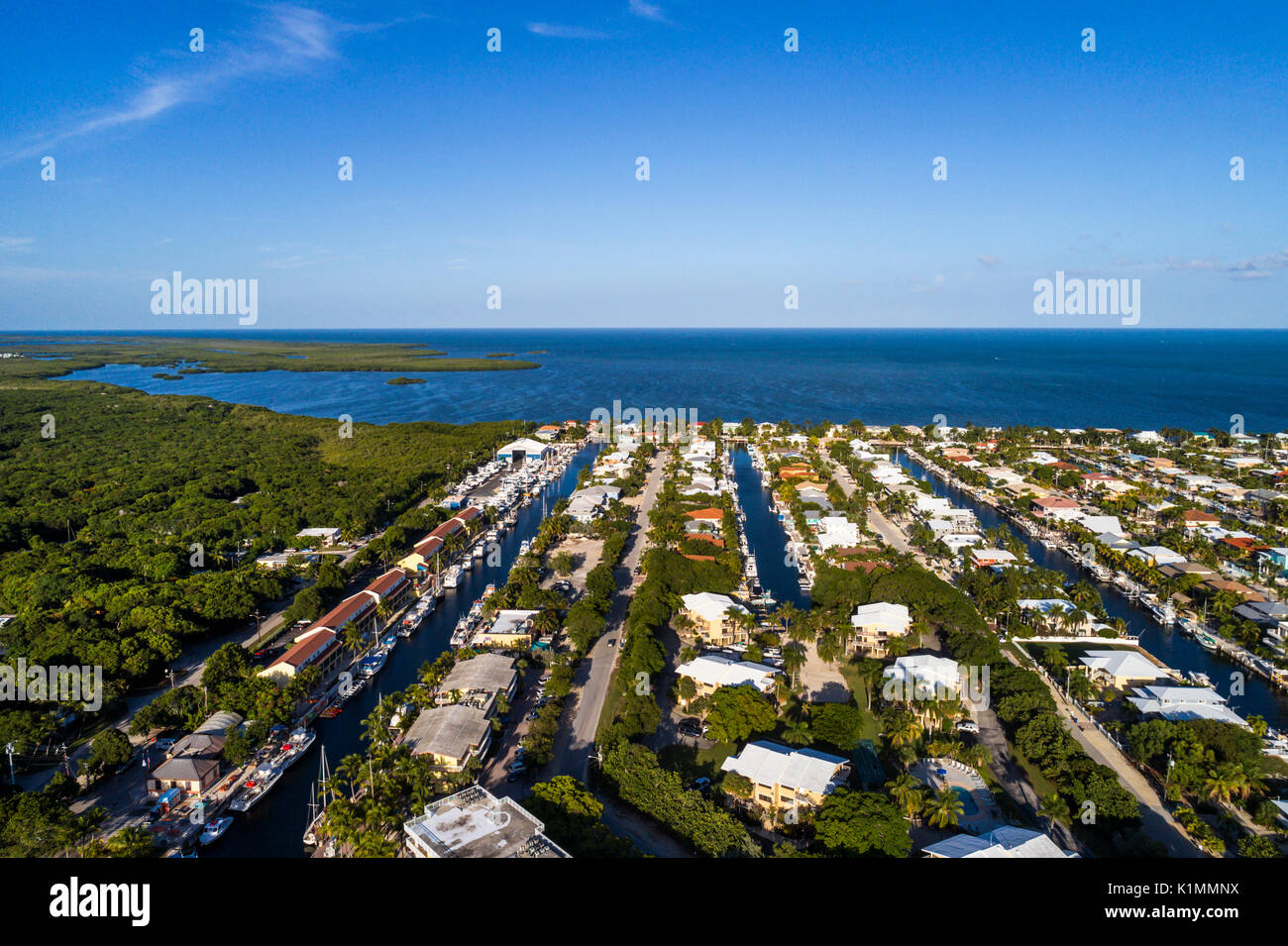 Florida,Florida Keys,Upper,Key Largo,Canal,barche,Oceano Atlantico,residenze,case,vista aerea dall'alto,FL17081822D Foto Stock