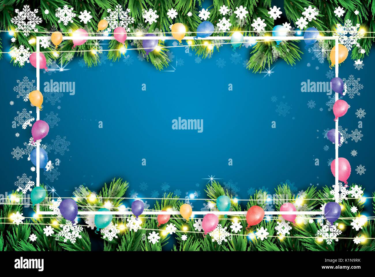 Natale biglietto di auguri con palloncini, telaio bianco, Neon Garland e rami di abete. Illustrazione Vettoriale. Illustrazione Vettoriale