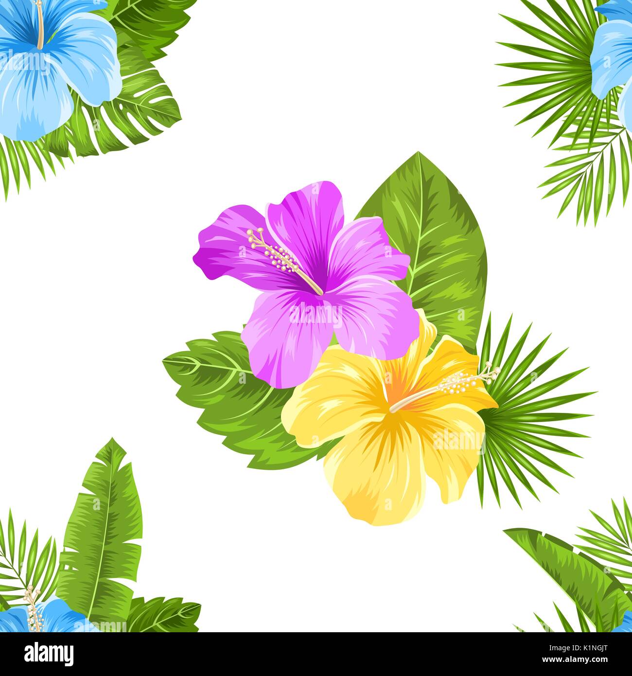 Seamless motivo floreale con fiori di ibisco e le piante esotiche. Tessile moda Illustrazione Vettoriale