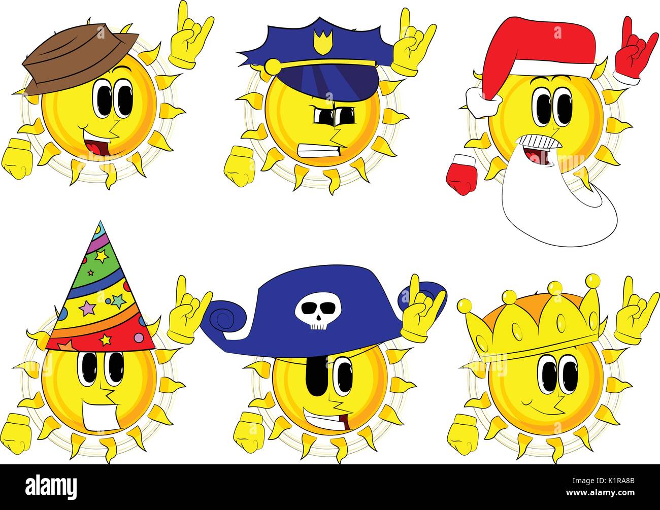 Cartoon sun con le mani in posa a bilanciere. Raccolta con costume. Vettore di espressioni set. Illustrazione Vettoriale