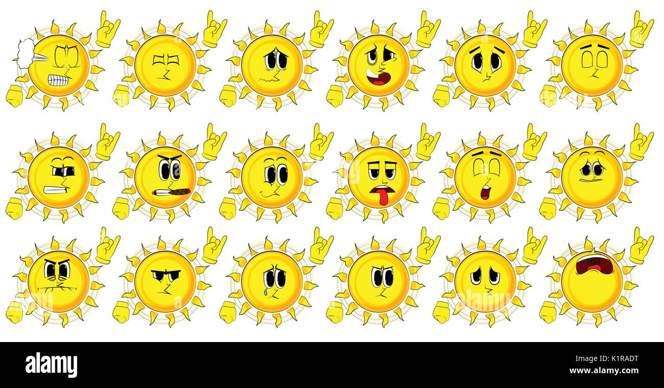 Cartoon sun con le mani in posa a bilanciere. Raccolta con facce tristi. Vettore di espressioni set. Illustrazione Vettoriale