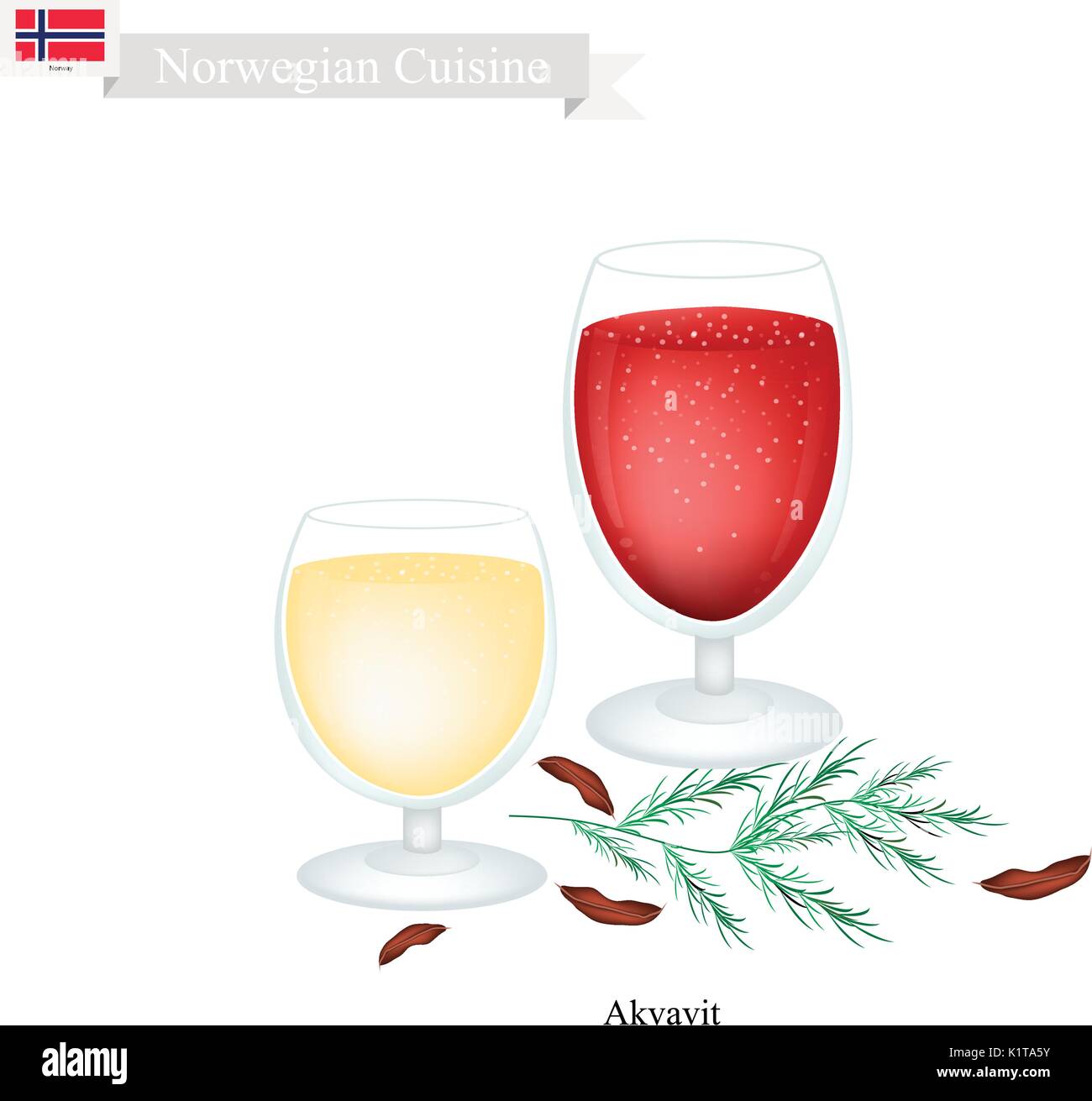 Cucina norvegese, akvavit o aquavit o liquore tradizionale aromatico con aromi di carvi o cumino Semi, limone o buccia di arancia, cardamomo, semi di anice un Illustrazione Vettoriale