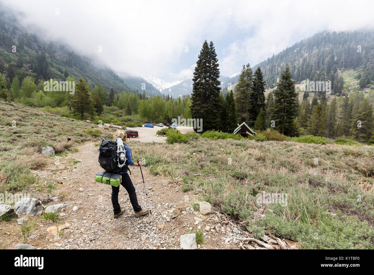 Un escursionista pause a dente di sega sentiero nel minerale King valley di Sequoia National Park. Foto Stock