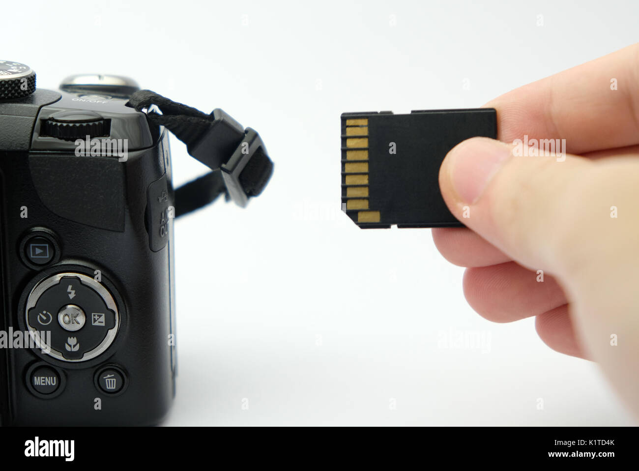 Inserire la scheda di memoria SD in una fotocamera reflex digitale di slot  della scheda dal lato Foto stock - Alamy
