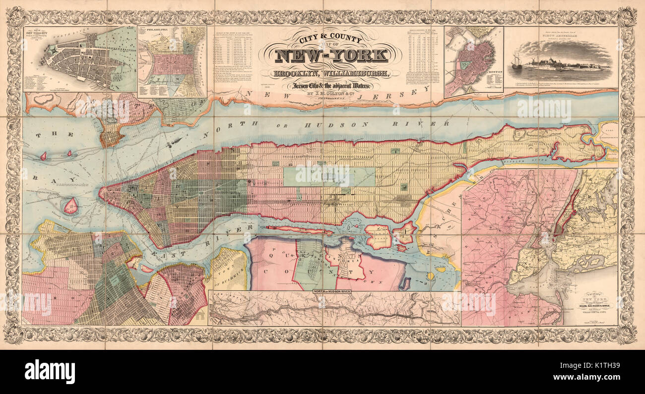 City & county map di New York : Brooklyn, Williamsburgh, Jersey City e le acque adiacenti, circa 1857 Foto Stock