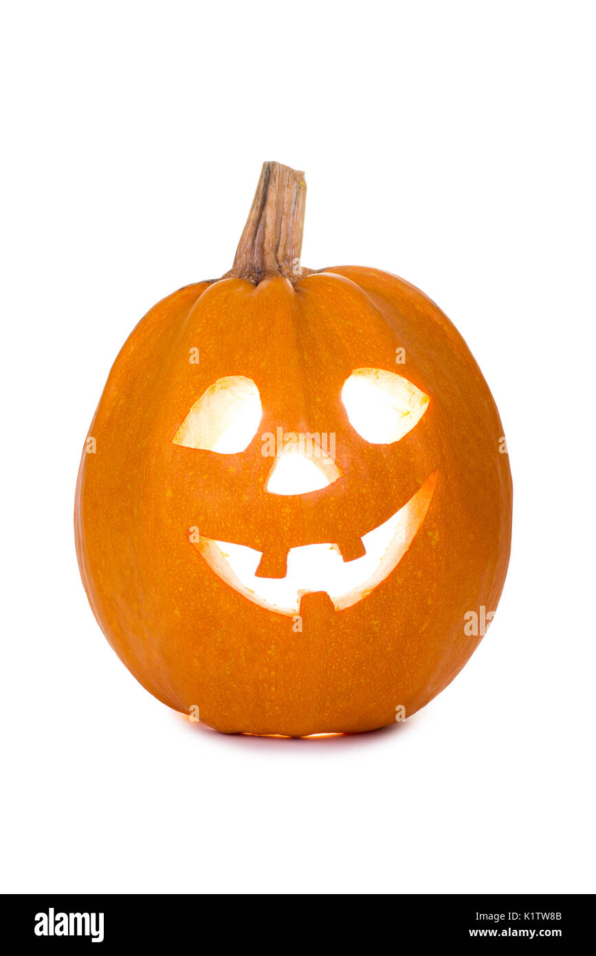 Zucca di Halloween, funny face isolati su sfondo bianco Foto Stock