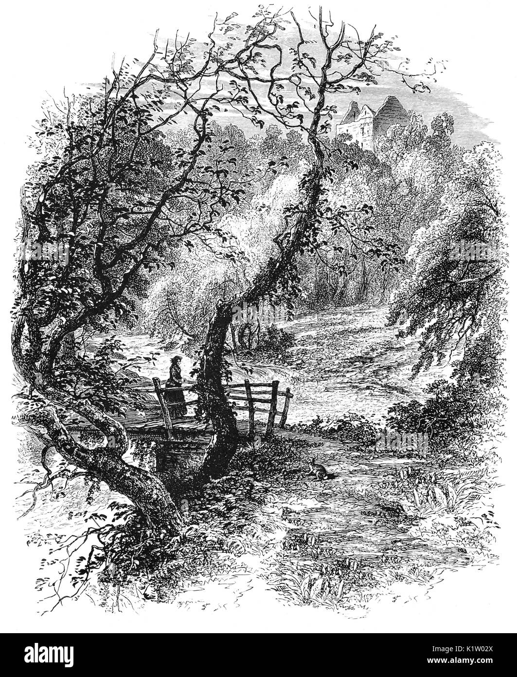 1870: una donna che attraversa un bruidge sotto il castello di Newark, rovinata casa torre in piedi la motivazione della casa Bowhill, nella valle dell'achillea acqua. A tre miglia a ovest di Selkirk Scottish Borders, è stato concesso alla Archibald Douglas, Conte di Wigtown intorno al 1423. Esso era incompleto in corrispondenza di questo tempo e lavoro continuato fino a circa 1475. Selkirkshire, Scozia Foto Stock
