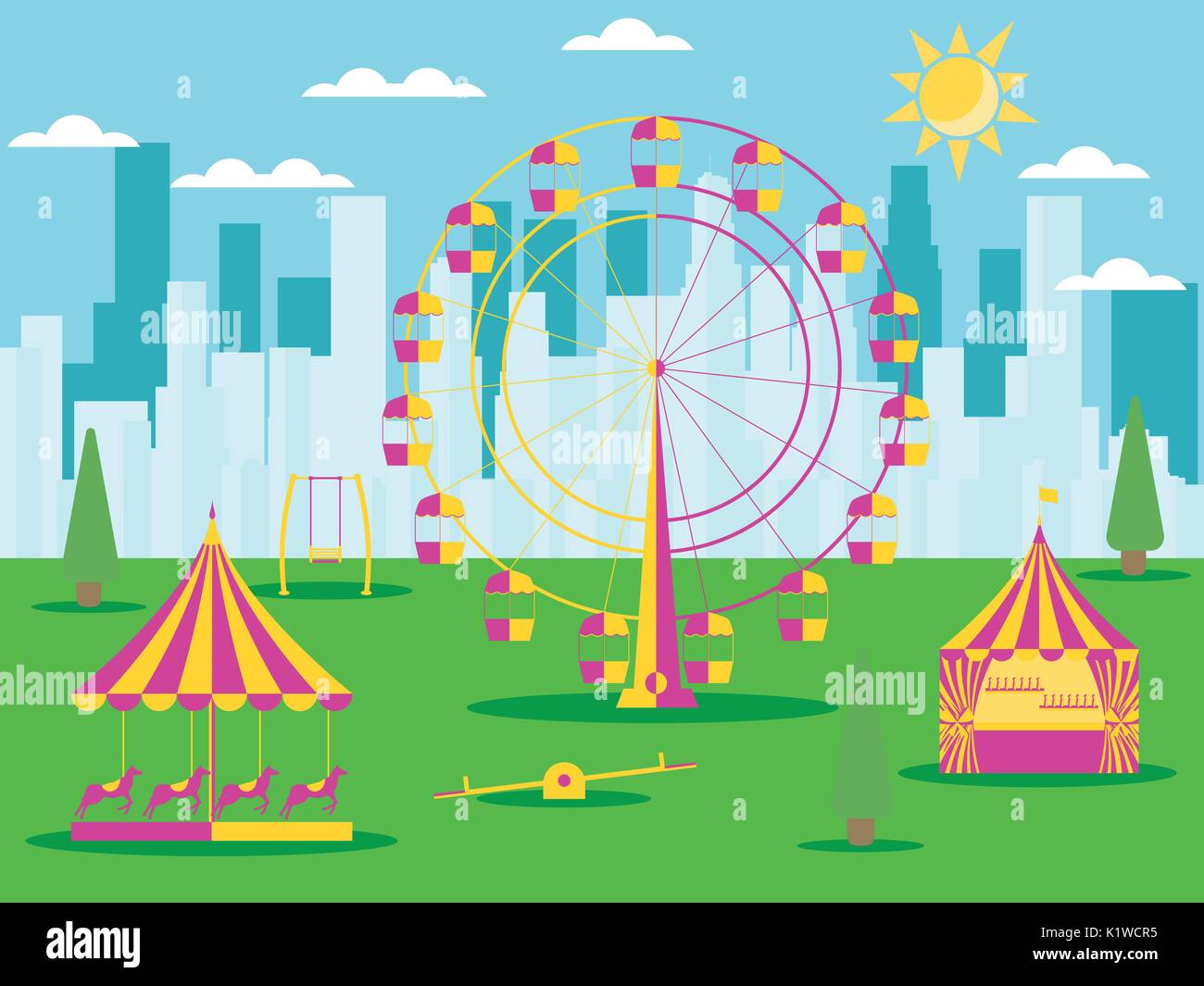 Il parco della città con attrazioni sullo sfondo dei grattacieli. Una ruota panoramica Ferris, a merry-go-round con i cavalli e uno swing. Illustrazione Vettoriale Illustrazione Vettoriale