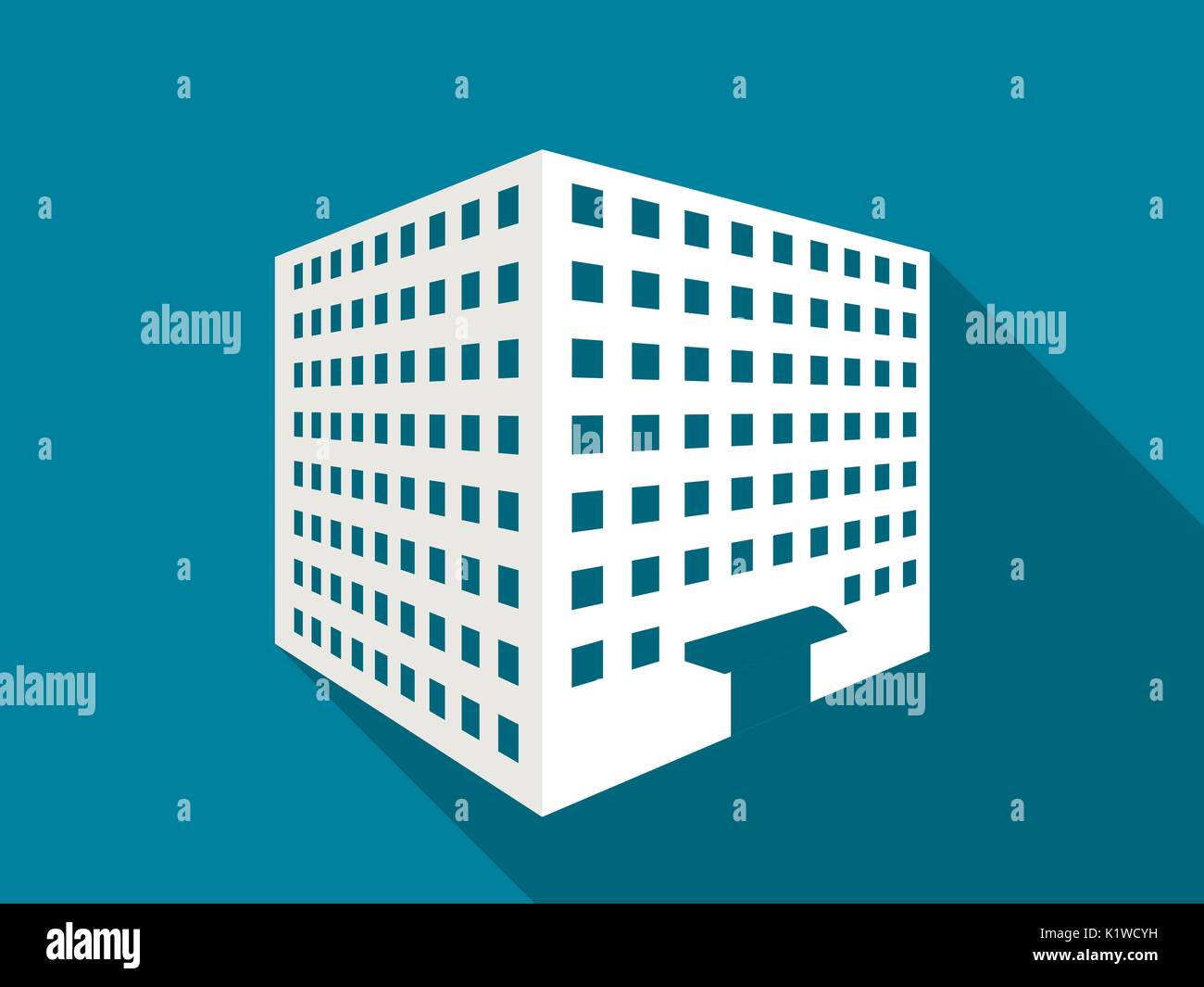 Un edificio a più piani con una lunga ombra. Icona del piatto. Illustrazione Vettoriale. Illustrazione Vettoriale