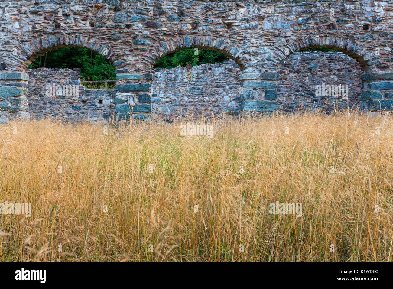 Il perimetro di mura ancora in piedi del carbonile depositi nel centro minerario di Valle Imperina, il Parco Nazionale delle Dolomiti Bellunesi, Rivamont Foto Stock