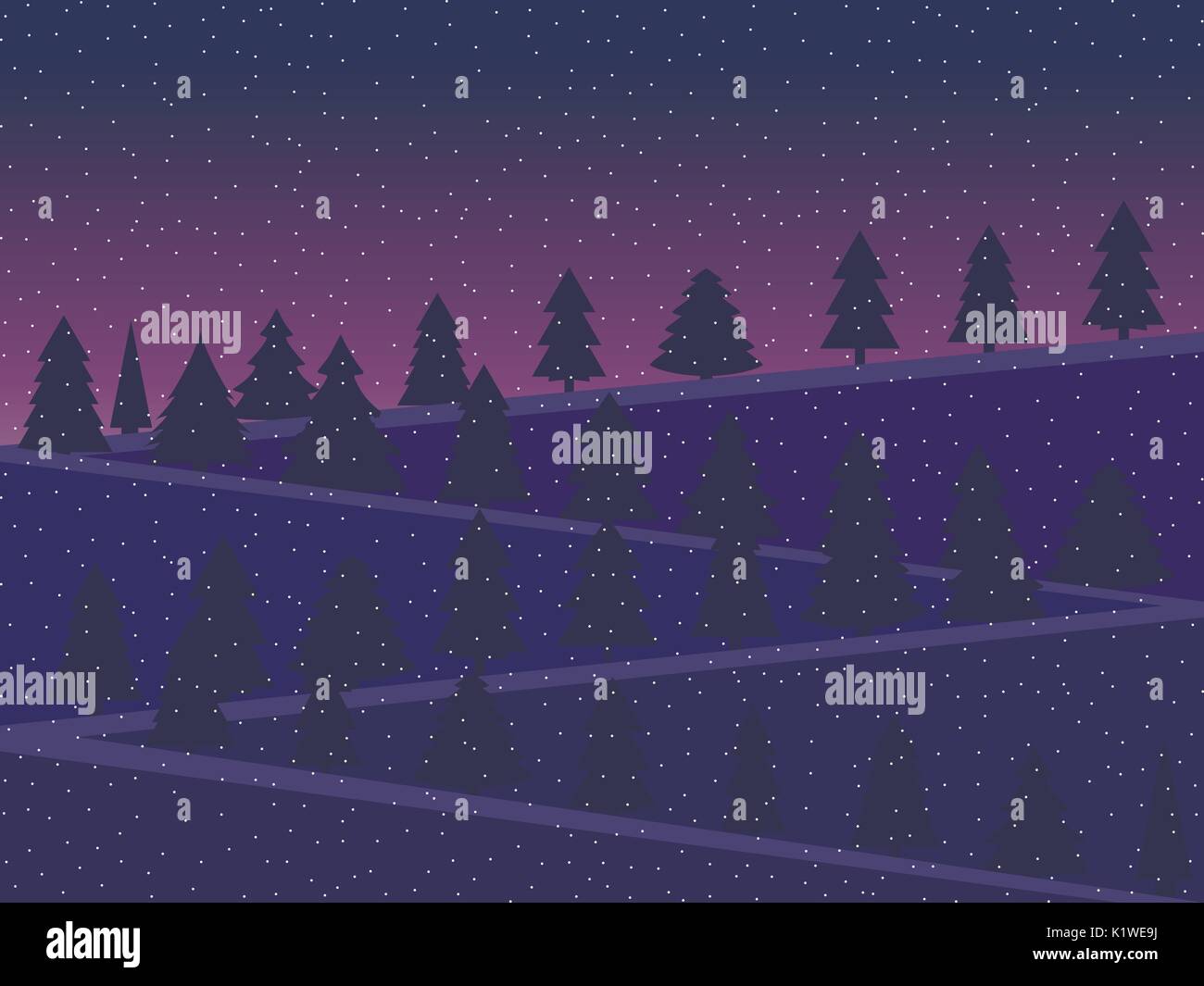 Paesaggio notturno con coperte di neve alberi di Natale in un appartamento di stile. Twilight in montagna. Illustrazione Vettoriale. Illustrazione Vettoriale