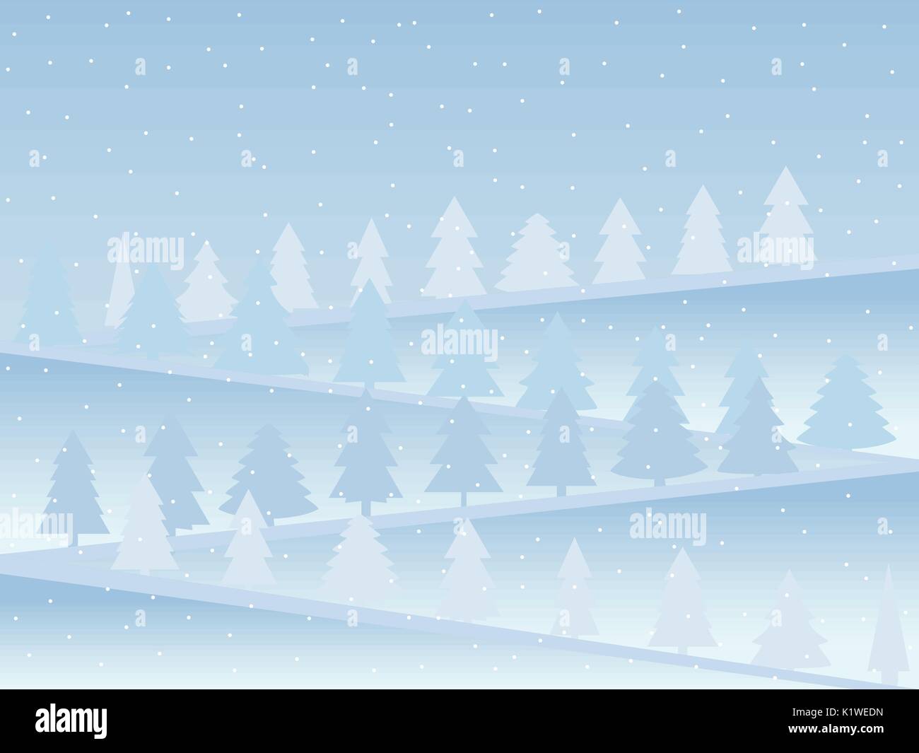 Le montagne ricoperte di neve con alberi di Natale. Paesaggio di neve in stile appartamento. Illustrazione Vettoriale. Illustrazione Vettoriale