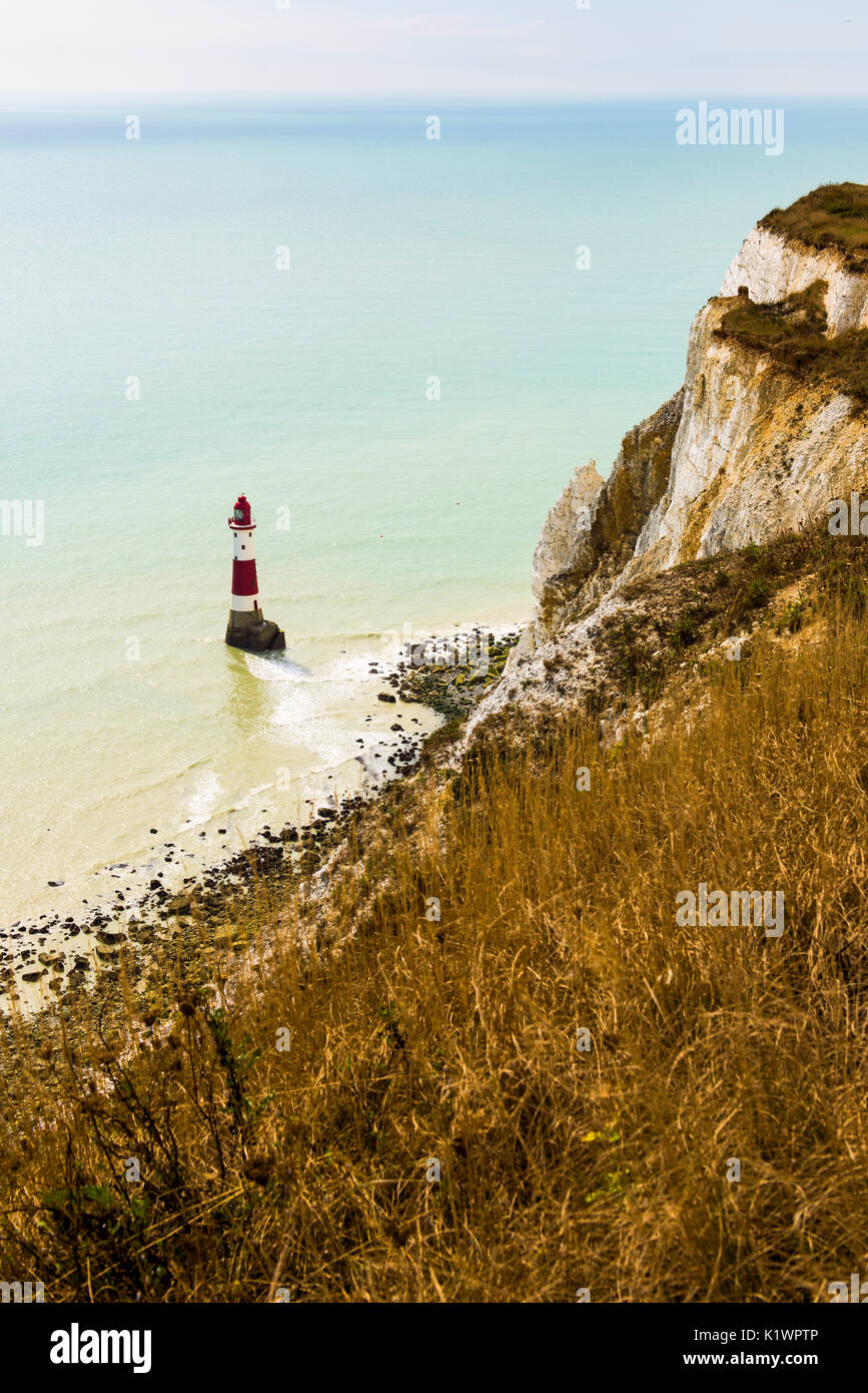 La zona di chalk terrapieni in East Sussex, Inghilterra chiamato Beachy Head. Si trova molto vicino a Eastbourne ed è famoso per il suo faro. Foto Stock