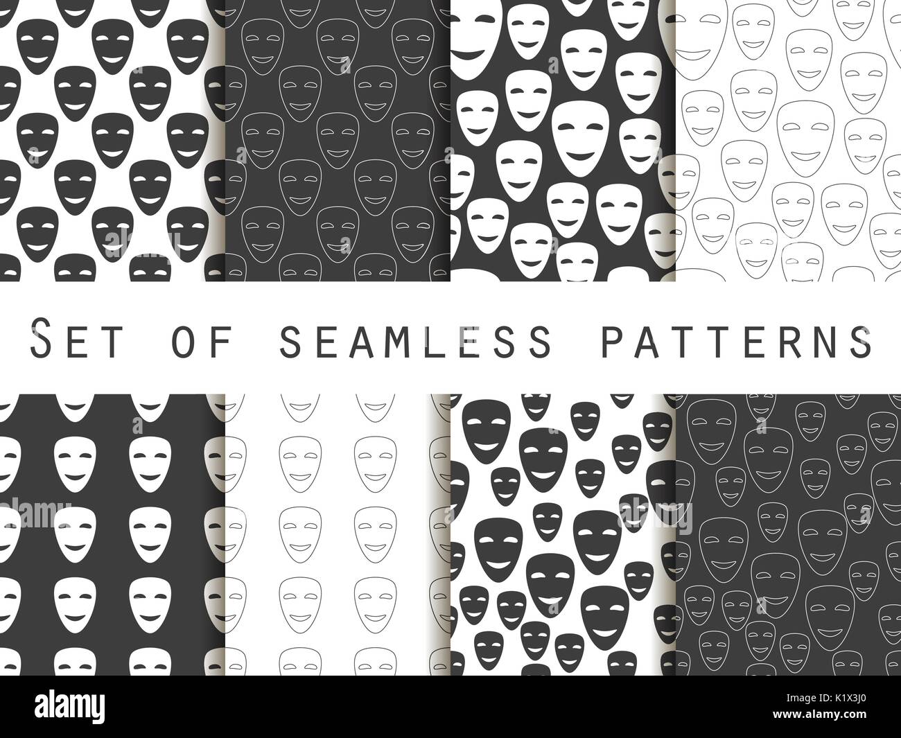 Una maschera con un sorriso seamless pattern. Bianco e nero seamless pattern. Illustrazione Vettoriale. Illustrazione Vettoriale